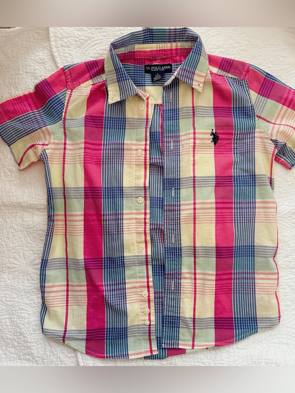U.S. Polo Assn. Boy's Plaid Button-Up Shirt in Pink, Blue & Cream